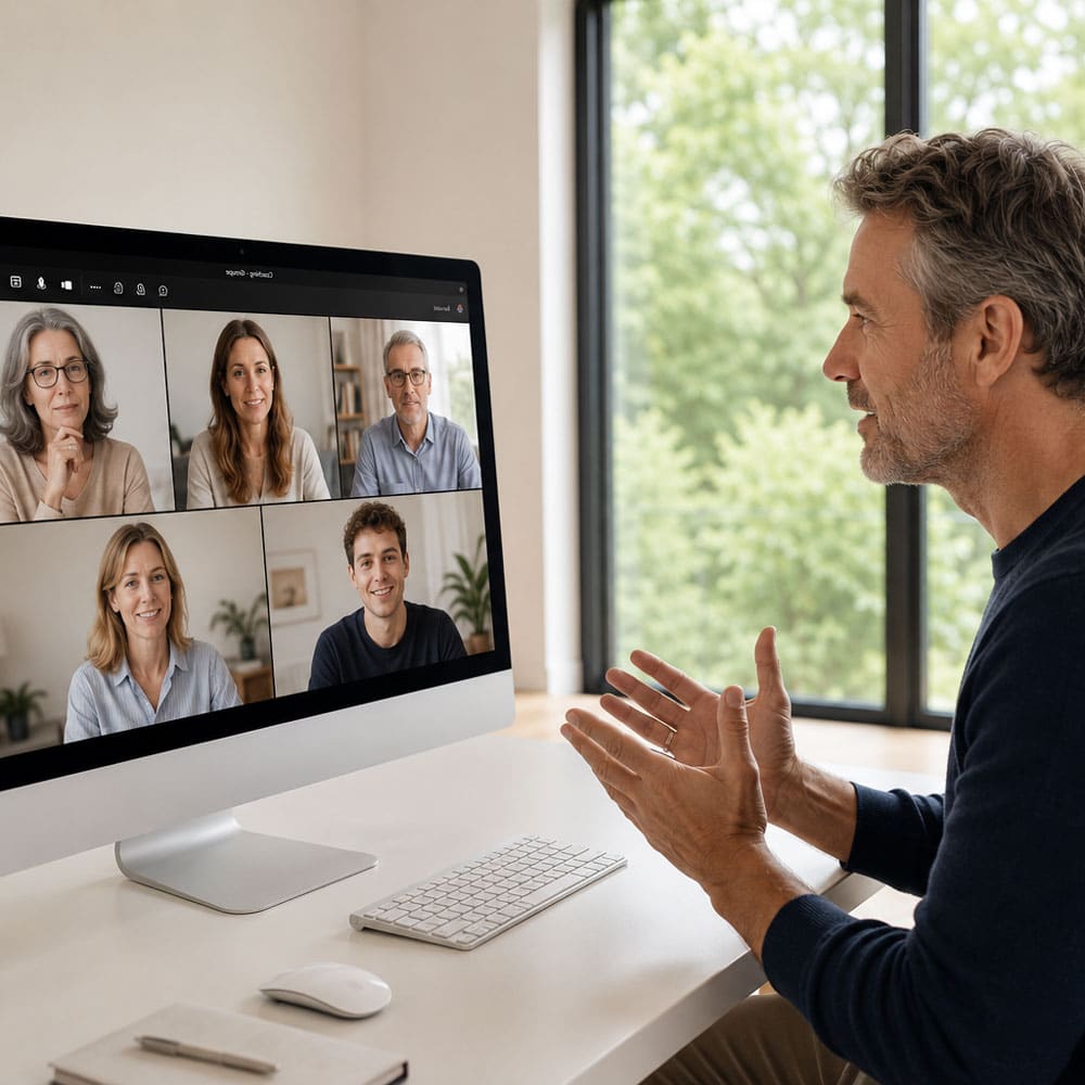 Man on a video call gesturing at his computer screen showing six participants in a grid layout in a home office setting.