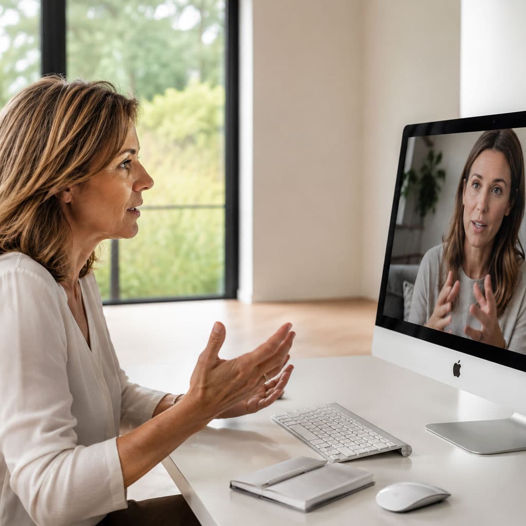 Woman in a white blouse speaks and gestures at a desktop computer during a video call in a bright office.