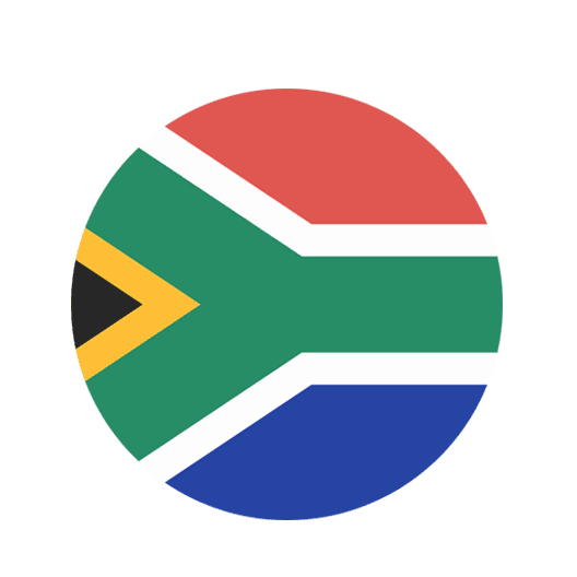 Round icon depicting the South African flag: red top, blue bottom, green Y-shaped band with white borders, and yellow and black accents on the left